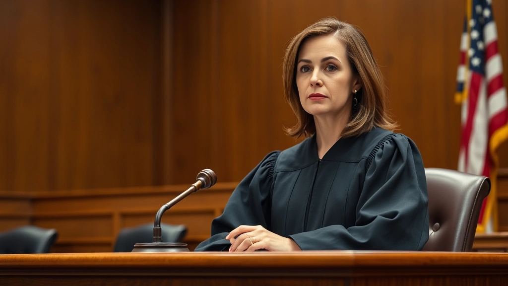 Female judge in black robe at bench with gavel, courtroom interior with wood paneling and American flag, serious professional demeanor during court proceedings