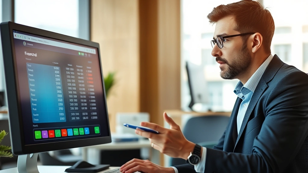 Professional business analyst reviewing credit card financial statements and payment transaction data on computer screen in modern office environment, focused expression, natural lighting, high-quality corporate setting