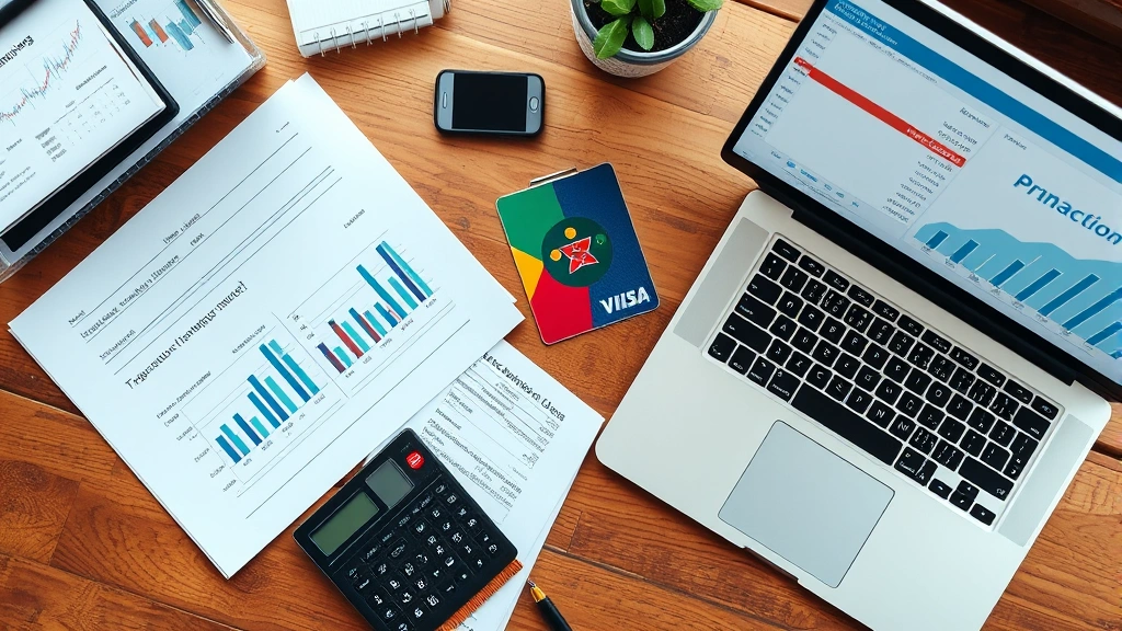 Overhead view of financial planning documents, credit cards, calculator, and laptop showing transaction data and profit analysis charts on wooden desk, business workspace, natural daylight from window