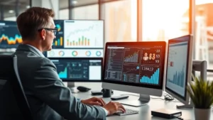 Professional insurance executive reviewing digital analytics dashboard with charts, graphs, and performance metrics on multiple computer screens in modern office environment, showing data analysis and business intelligence tools