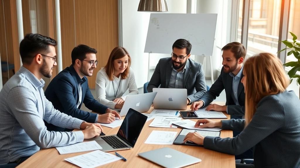 Diverse team of insurance actuaries and data scientists collaborating around conference table with laptops and papers, analyzing risk models and discussing underwriting strategies in contemporary office setting