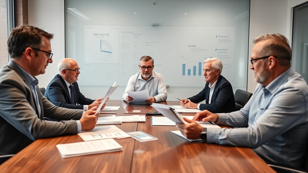Senior insurance company leadership team in boardroom examining financial reports and investment portfolio documents, reviewing profitability metrics and strategic planning materials with confidence