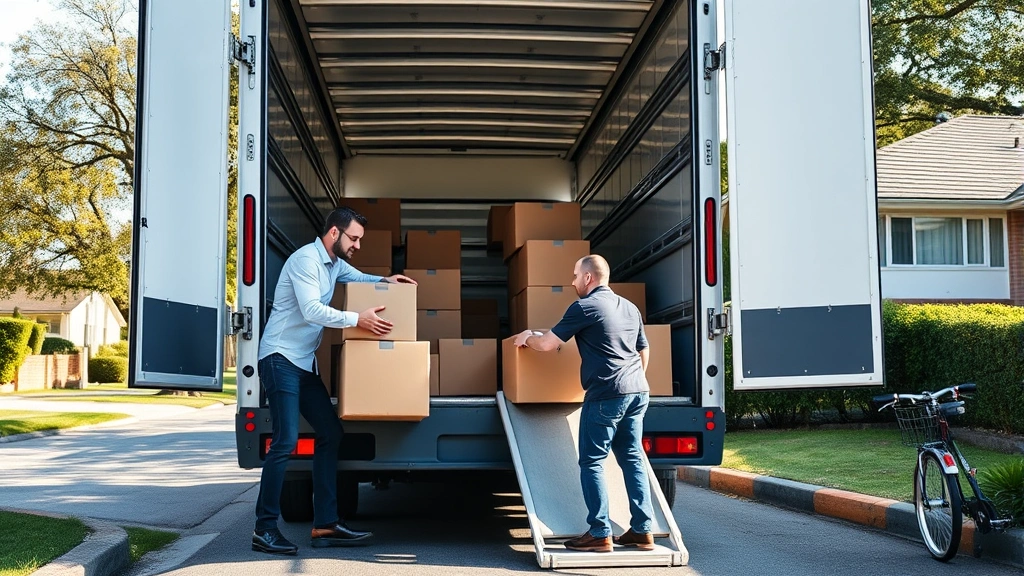 Professional moving crew of three men carefully loading boxes into a modern moving truck on a sunny residential street, showing teamwork and physical effort, corporate moving service aesthetic