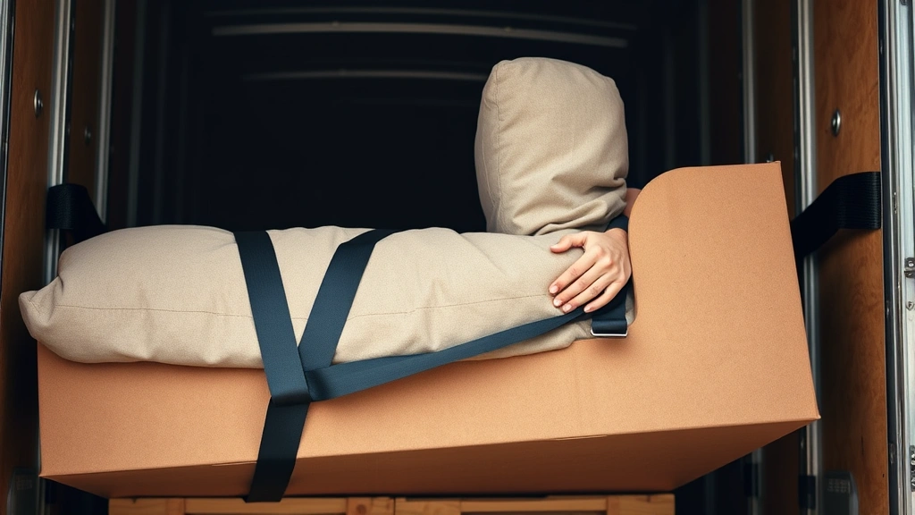 Close-up of movers' hands securing furniture with protective padding and straps inside a moving truck, demonstrating careful handling and professional expertise in transit logistics