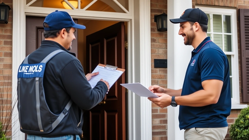 Moving company manager reviewing completed move checklist with satisfied customer at new home entrance, representing service completion, customer satisfaction, and professional moving industry standards