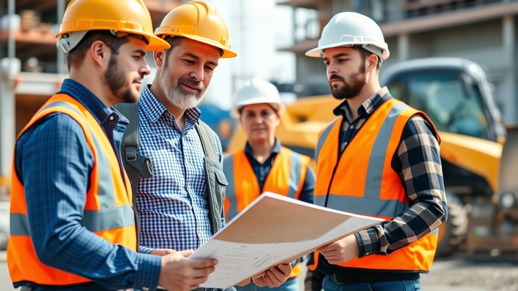 Professional construction site manager reviewing blueprints with workers in hard hats, clipboard in hand, modern construction equipment visible in background, daylight, focused and confident expression
