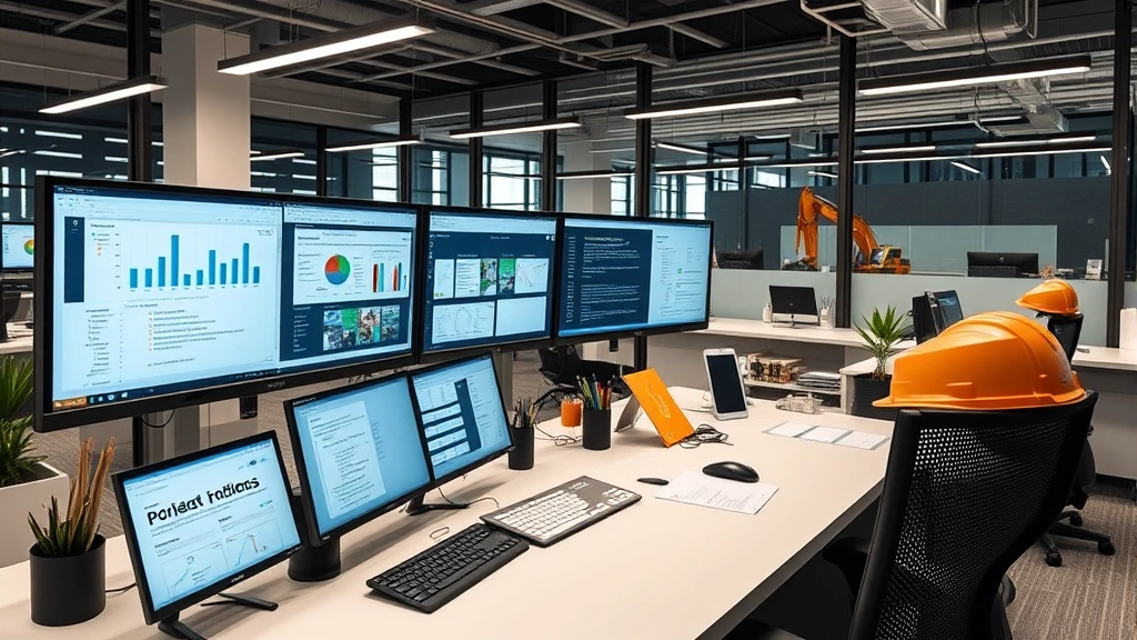 Modern construction office workspace with multiple monitors displaying project management software, professional desk setup, construction company branding visible, organized and efficient environment