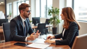 Professional property manager conducting tenant screening interview in modern office setting with computer and documents, corporate business environment, natural lighting