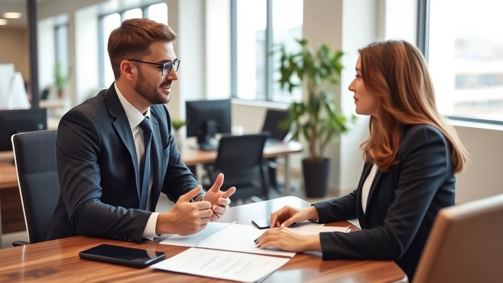 Professional property manager conducting tenant screening interview in modern office setting with computer and documents, corporate business environment, natural lighting