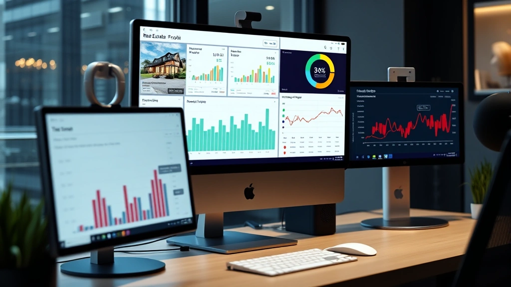 Real estate portfolio dashboard displayed on multiple computer monitors showing property listings, financial metrics, and management software interface, business technology workspace