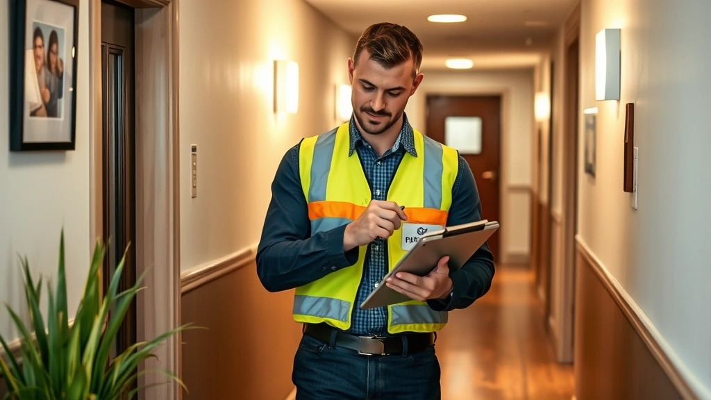 Property maintenance coordinator reviewing maintenance requests on tablet while standing in residential building hallway with property inspection clipboard, professional management scene