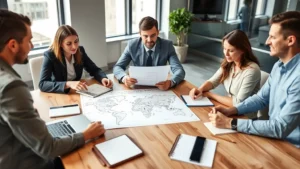 Professional business team reviewing international relocation documents and maps at modern conference table with laptops and notebooks, natural lighting from office windows
