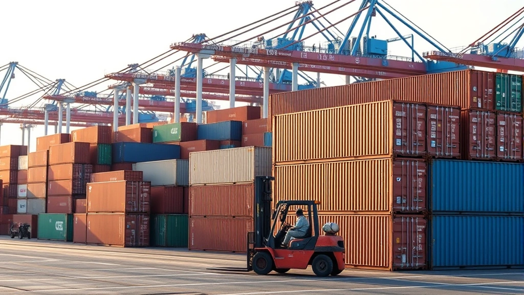 Cargo containers and shipping logistics hub with multiple stacked containers and forklift operations at international port facility during daytime