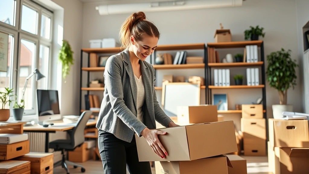 Professional woman unpacking boxes in modern home office space with organized shelving and business equipment, natural sunlight streaming through windows