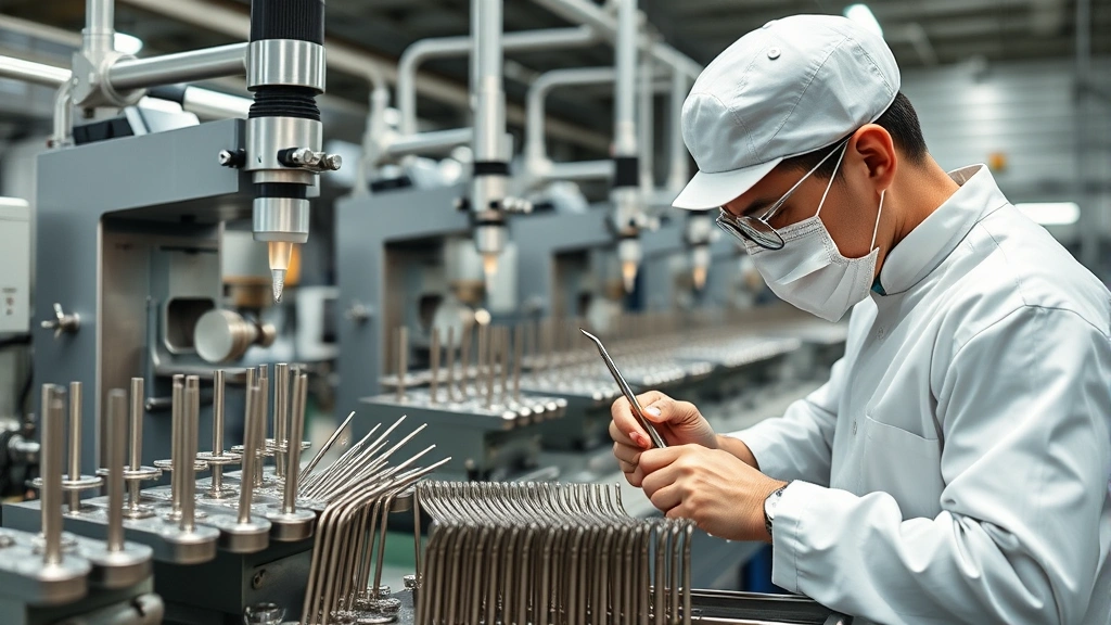 Manufacturing facility with advanced precision machinery producing stainless steel dental instruments, skilled technician examining instrument quality, industrial excellence and attention to detail