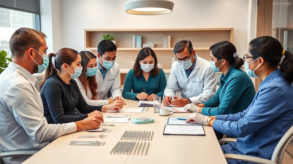 Dental practice team meeting around conference table discussing instrument selection and clinical protocols, diverse professionals collaborating, modern practice environment with professional atmosphere