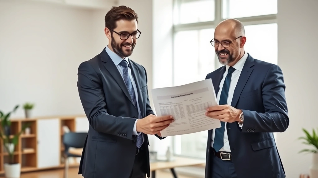 Professional insurance agent in business suit reviewing policy documents with a confident client in modern office with natural lighting and professional furnishings