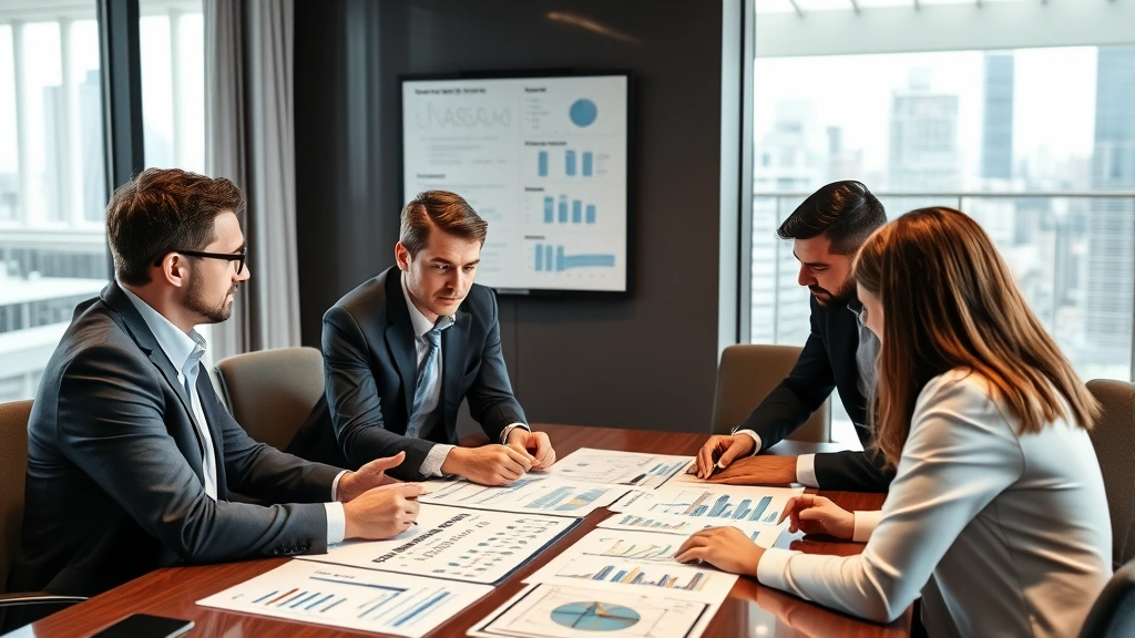 Business team in conference room analyzing risk assessment data and insurance coverage options with charts and graphs visible on table
