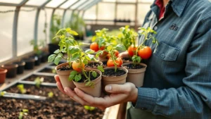 Professional gardener in Hudson Valley setting holding heirloom tomato seedlings in biodegradable pots, natural sunlight through greenhouse glass, soil and gardening tools visible on potting bench
