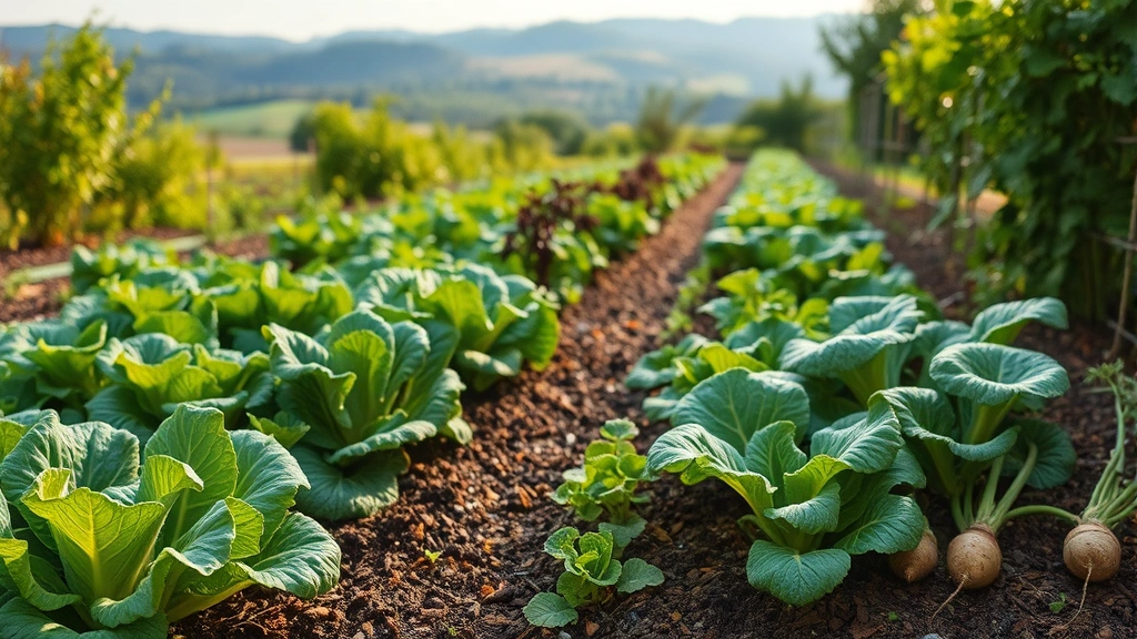 Lush vegetable garden bed in full growth with lettuce, kale, and root vegetables visible, mulched pathways, morning dew on plants, rolling Hudson Valley hills in soft-focus background