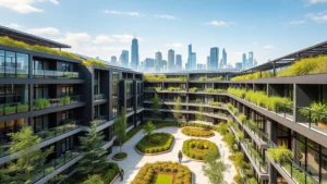 Modern sustainable residential complex with green roofs and solar panels, contemporary architecture, glass and steel construction, morning sunlight, urban skyline background, people walking in landscaped courtyard
