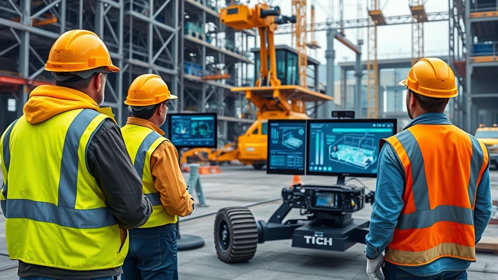Construction site with advanced robotics and autonomous equipment, workers in safety gear monitoring digital displays, Building Information Modeling visualization screens, modern construction technology integration
