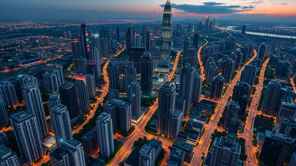 Smart city aerial view at dusk, interconnected buildings with intelligent lighting systems, IoT sensor networks, mixed-use development with residential towers, commercial spaces, green corridors, digital infrastructure visualization