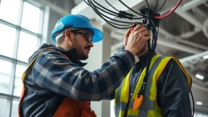 Professional electrician in full safety gear installing electrical wiring in a modern commercial building interior, demonstrating precision and attention to detail with tools and equipment visible