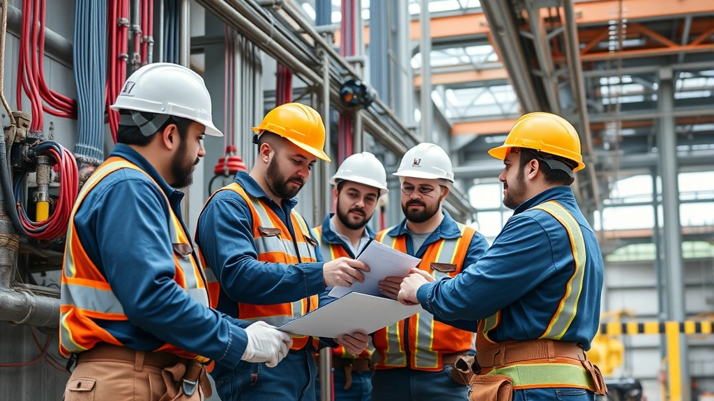Team of union electricians collaborating on industrial electrical installation at a large construction site, wearing hard hats and safety equipment, working on complex infrastructure project