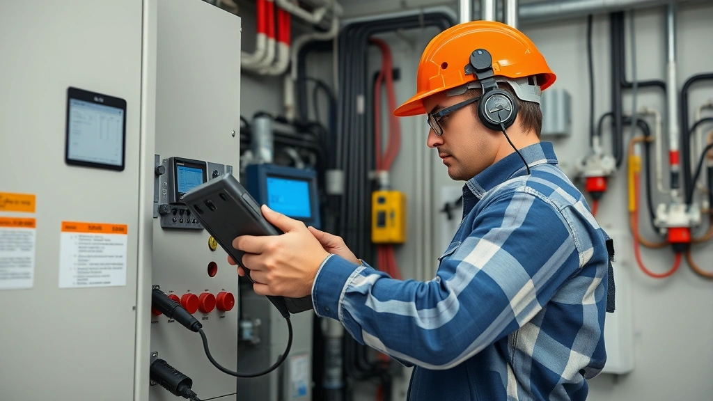 Experienced electrician performing diagnostic testing on advanced electrical systems in a renewable energy facility, using specialized equipment and technology for solar or smart grid infrastructure