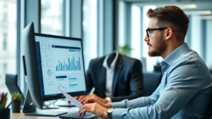 Professional business analyst reviewing company data on computer screen in modern office setting, focused expression examining documents and digital information, corporate workspace background