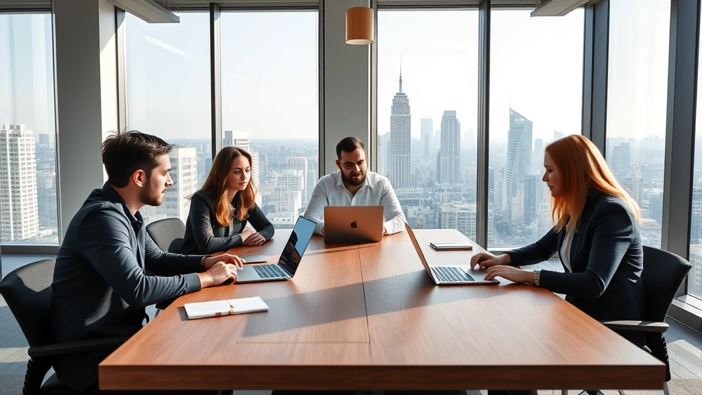 Professional startup founders collaborating at modern wooden table with laptops and notebooks in bright, contemporary office space with floor-to-ceiling windows overlooking city skyline