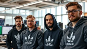 Professional team of traders wearing branded hoodies in modern office trading floor environment with multiple monitors visible in background, natural lighting, serious yet collaborative atmosphere, authentic business setting