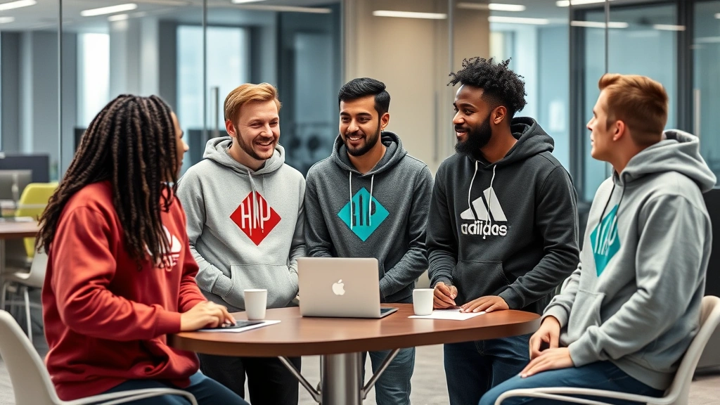 Diverse group of trading company employees in casual branded hoodies during team meeting or collaboration session, modern office space with glass walls, genuine workplace interaction, professional corporate environment