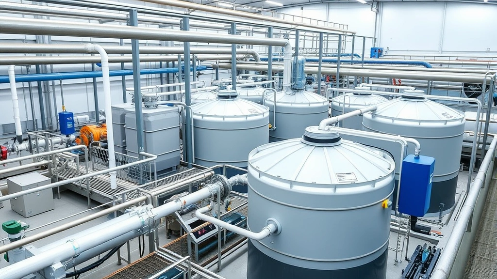 Professional water utility infrastructure facility with treatment tanks, pipes, and modern equipment in industrial setting, showing operational complexity and scale of water system management