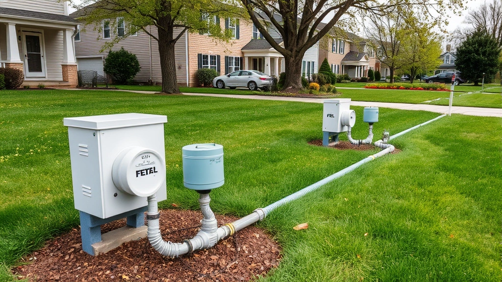 Residential neighborhood with water meter boxes and service lines visible in front yards, representing typical American suburban water infrastructure serving households