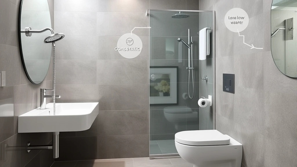 Water conservation concept showing eco-friendly fixtures including low-flow showerhead, faucet aerator, and water-efficient toilet in modern bathroom setting