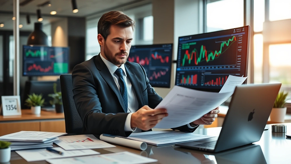 Professional businessman at modern desk reviewing documents and computer screens with financial charts and business data displayed, corporate office environment, focused analysis work
