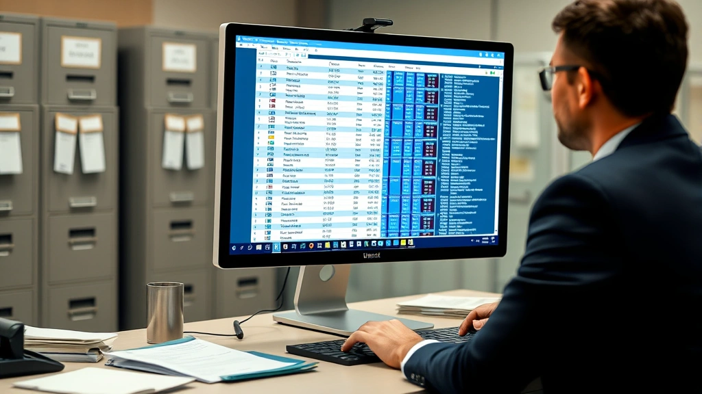 Corporate professional reviewing business database on computer screen with filing cabinets and official documents in background, administrative office setting, detailed record analysis