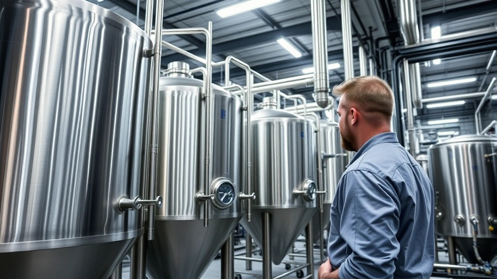 Modern brewery fermentation tanks with stainless steel equipment, professional brewmaster monitoring temperature gauges, industrial facility with organized production layout, bright professional lighting, no people visible