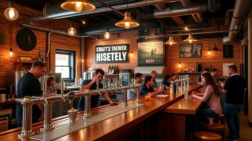 Craft brewery taproom interior with wooden bar counter, beer taps in organized rows, warm ambient lighting, casual professional atmosphere, customers enjoying beverages, industrial aesthetic with exposed brick