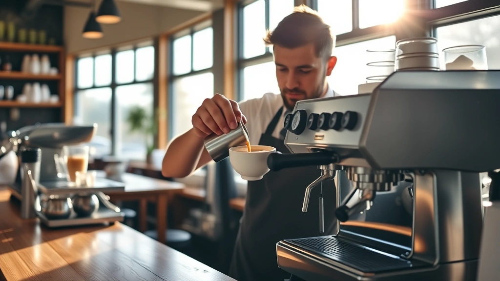 Professional barista expertly pouring latte art into ceramic cup at espresso bar, morning sunlight streaming through large windows, wooden countertop with professional espresso machine, coastal Oregon café setting