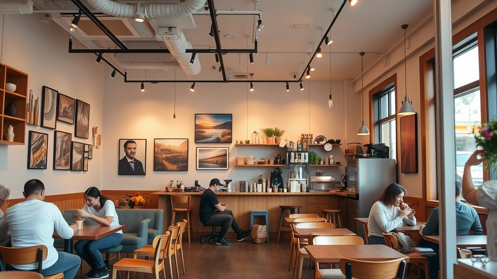 Warmly lit specialty coffee café interior with comfortable seating, local artwork on walls, customers working and conversing, natural wood elements and modern fixtures, welcoming neighborhood gathering space
