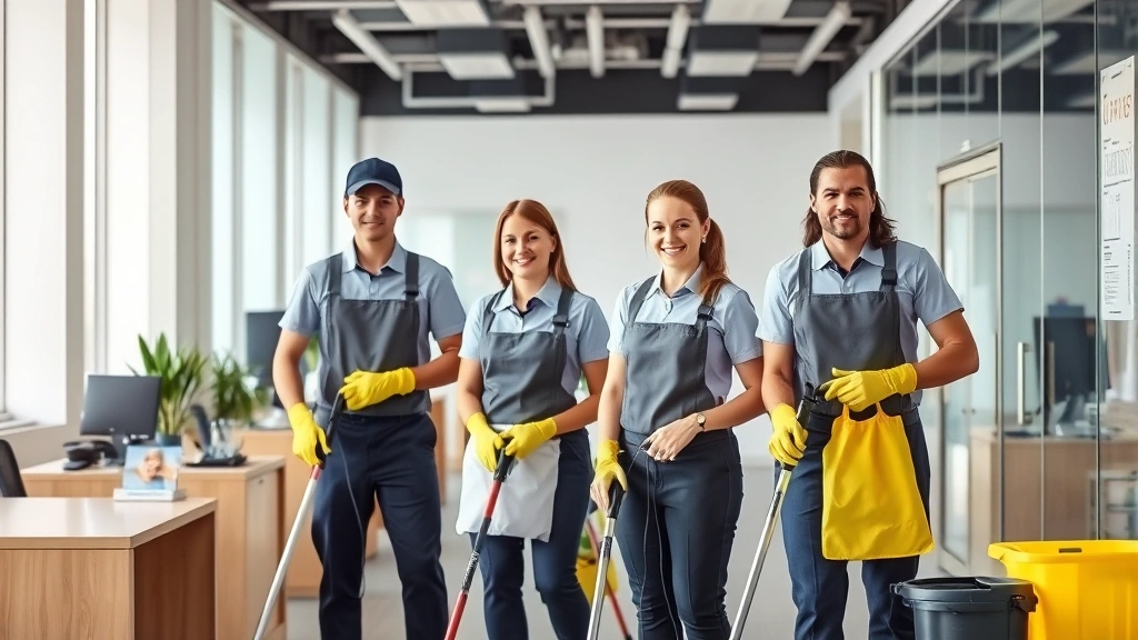 Professional cleaning crew members in uniform performing commercial office cleaning with modern equipment and supplies, bright office environment, daytime, realistic photography