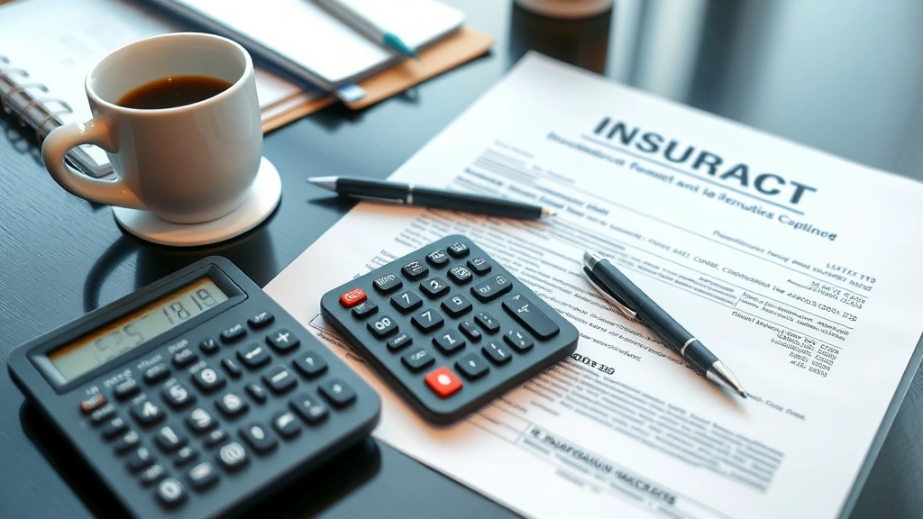 Insurance documentation and business contract papers on professional desk with calculator, pen, and coffee cup, business office setting, organized professional workspace