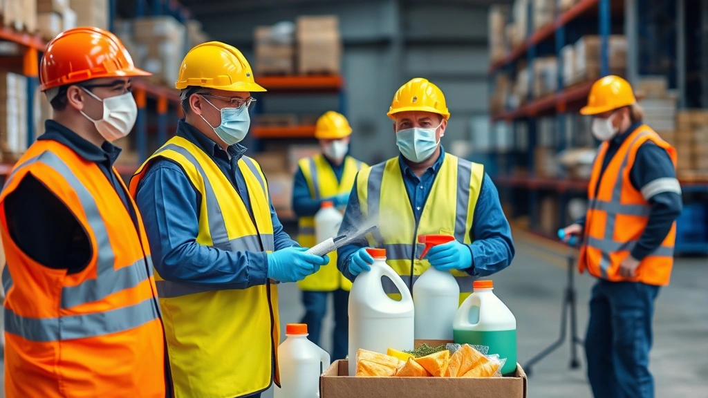 Team of cleaning professionals in safety gear conducting proper chemical handling and storage procedures, warehouse or storage facility background, safety compliance demonstration