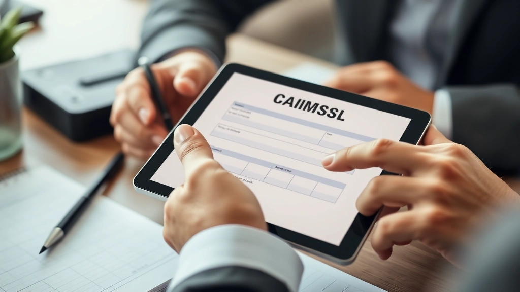 Close-up of person using tablet to file insurance claim, hands holding device showing claim form on screen, organized desk with notepad, professional setting, focused work environment