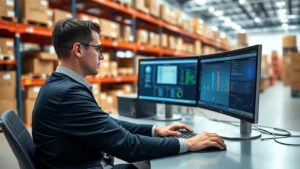 Professional logistics coordinator working at shipping warehouse desk with multiple computer monitors displaying package tracking systems, organized shelving with boxes in background, bright warehouse lighting