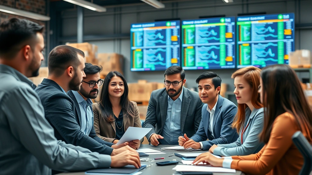 Diverse team of logistics professionals collaborating at operations center discussing shipping strategy with real-time tracking monitors visible, professional business casual attire, modern warehouse environment