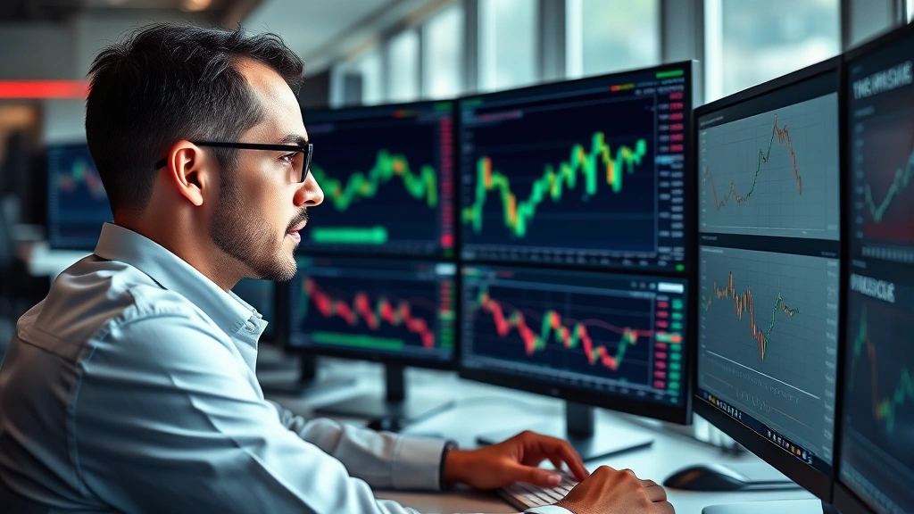 Professional investment analyst reviewing financial charts and market data on multiple computer screens in modern office environment, focused and analytical expression
